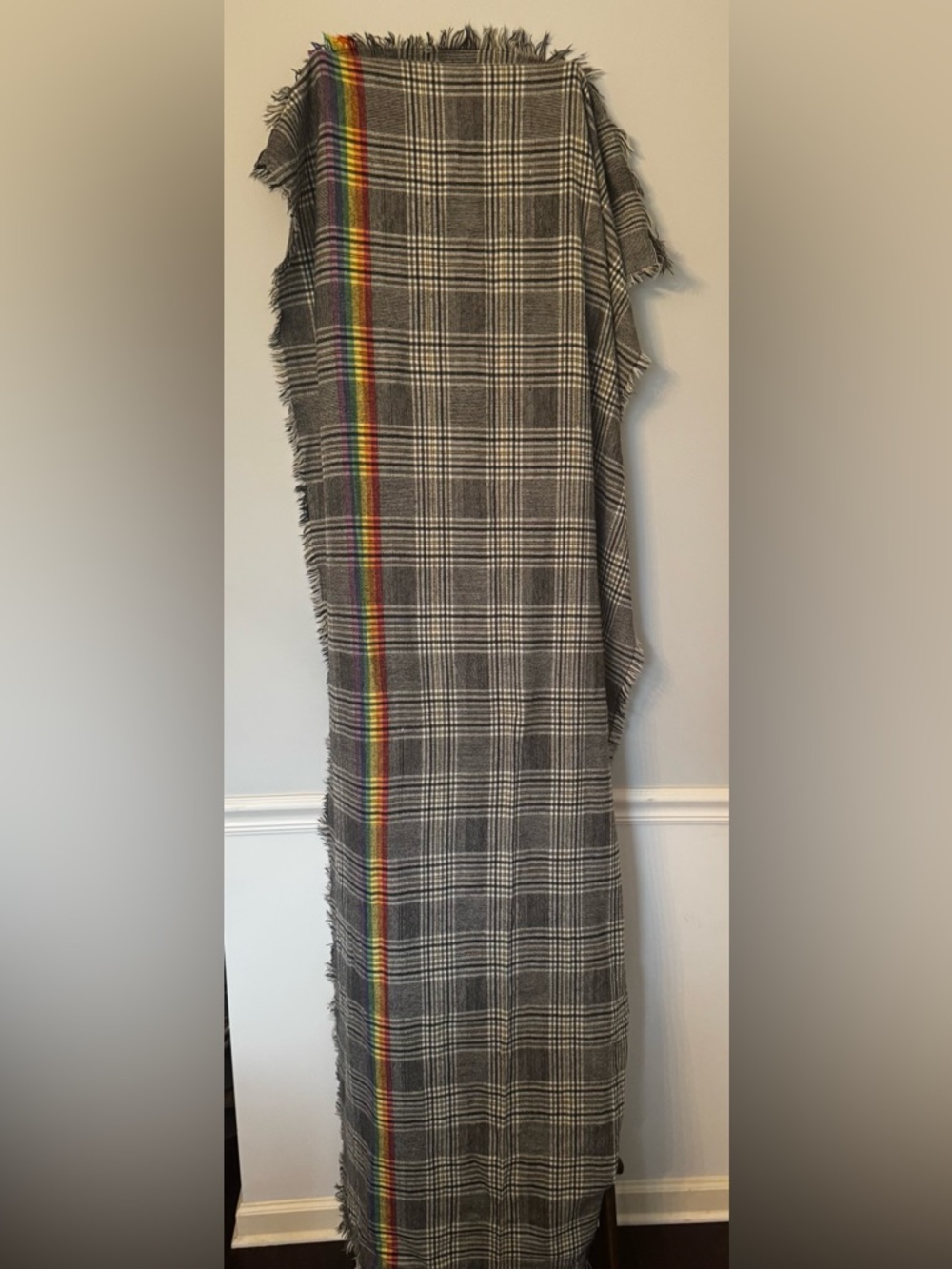 Gray Plaid Scarf/Wrap with Rainbow Stripe
